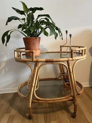 Vintage 1960s Bamboo & Rattan Drinks Trolley – Mid-Century Original - Image 1 of 4