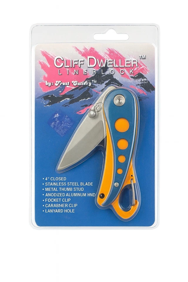 Navaja de bolsillo plegable Cliff Dweller Linerlock By Frost Cutlery naranja y azul Foto 1 de 1