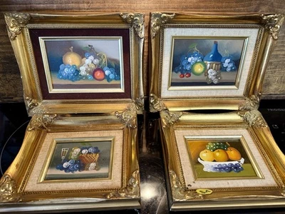 Set 4 pinturas al óleo vintage de bodegones marcos dorados ornamentados de frutas mediados de siglo Foto 1 de 4