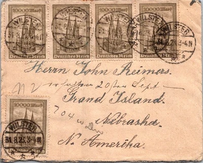 GERMANY 1923 POSTAL INFLATION ERA MULT FRANKING COVER ADDR USA POSMARK WILSTER - Image 1 of 2