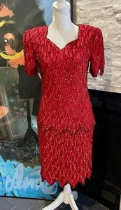 vintage laurence kazar Red Silk Sequence Beaded Dress Size Small Cocktail  - Picture 1 of 13