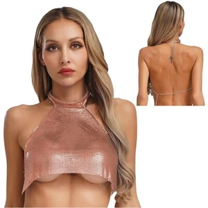 Women Crop Tops Shirts Tank Top Mesh Chemise Beaded Dance Sleeveless Night Club - Picture 1 of 93