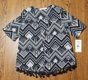 LA MAMBA Girl's sz Large Black & White Print Chiffon Vest/Jacket Tassel Trim NWT - Picture 1 of 2