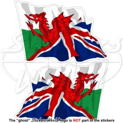 STICKERSWORLD WALES-UK British Flying Flag, Welsh Red Dragon-Union Jack 75mm Sticker, Decal x2