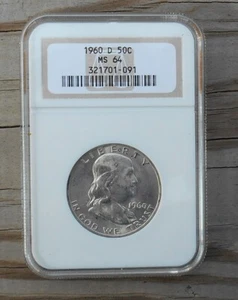 1960D Franklin Half uncirculated 90% silver, graded NGC MS-64 1960 D - Picture 1 of 2
