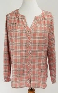 Allegra K Size Large L Button Front Blouse Top Dusty Pink Black White Plaid - Imagen 1 de 4