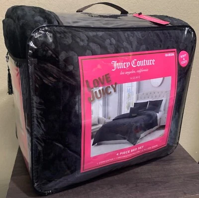 Juicy Couture Black Leopard Embossed Plush 4pc QUEEN Comforter Set Soft & Cozy - Image 1 of 4