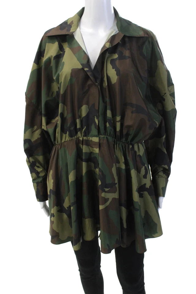 Camisa de camuflaje Norma Kamali para mujer manga larga con cuello verde marrón talla XS Foto 1 de 4