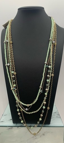 VETEMENTS Collana nastro catene tono oro e cristallo multistrato Loft nuova con etichetta blu verde