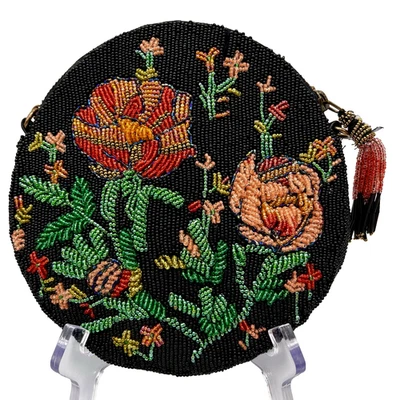 Anthropologie Black Round Fiona Floral Beaded Bag Evening Purse Crossbody Chain - Image 1 of 4