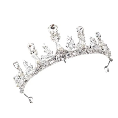  Argento Artigianato Perla Artificiale Corona di Cristallo Copricapo Strass - Immagine 1 di 4