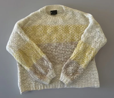 Lumiere Chunky Fuzzy Sweater Size Medium Neutral Stripe Yellow Tan White Cozy - Image 1 of 4
