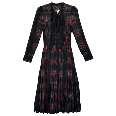 NUEVO CON ETIQUETAS J.CREW Stewart Tartán Cuadros Plisado Midi Camisa Vestido Talla XS Manga Larga Corbata Foto 1 de 4