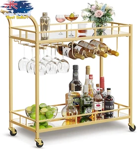 Gold Bar Cart Serving Cart 2 Mirrored Shelves Wine Glass Holders Kitchen Dining - Picture 1 of 12