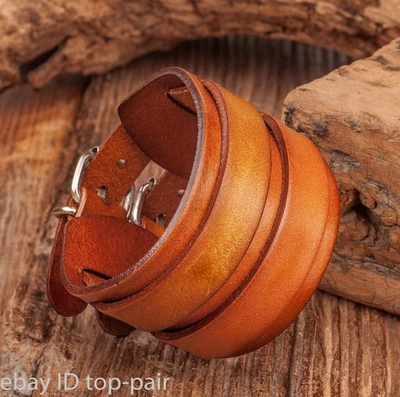 DS15 Orange Men Classic Double Band Vintage Leather Bracelet Wristband Wide Cuff - Image 1 of 4