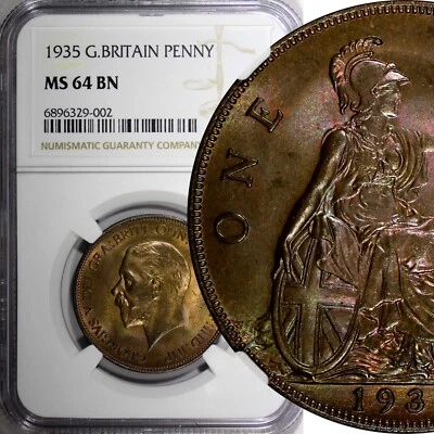 GREAT BRITAIN George V Bronze 1935 1 Penny NGC MS64 BN NICE TONING KM# 838 (02) - Image 1 of 4