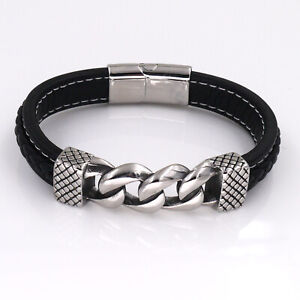 Men's Bracelet Stainless Steel with Braided Leather Wristband Black 