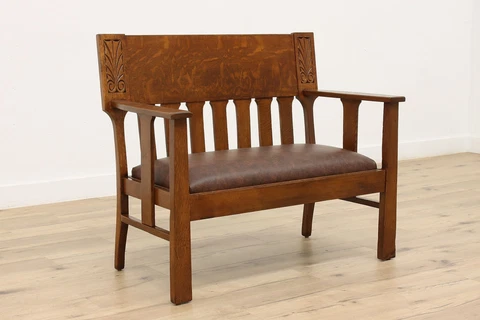 Arts & Crafts Mission Oak Antique Hall Porch Bench, Leather #45169 Cover
