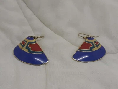 Vintage Laurel Burch Enamel Dangle Earrings Mali Fan Blue Green Red - Image 1 of 4