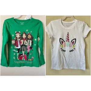 Lot Of 2 Glitter Snowflake Christmas Squad Dachshund Unicorn Top Size M 7/8 - Picture 1 of 7