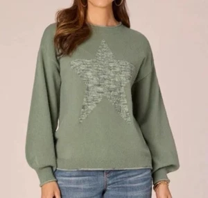 New Democracy Sz L Green Space Dye Star Long Blouson Sleeve Sweater Boho Slouchy - Picture 1 of 11