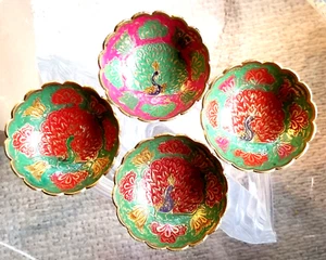 4 Vintage Solid Brass Hand Etched Enamel Painted Peacock Pedestal Bowls 3" 5oz - Picture 1 of 4
