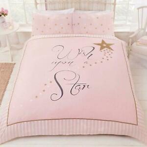 Girls Pink & Gold Wish Upon a Star Striped Border Duvet Quilt Cover Bedding Set