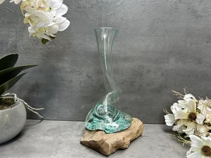 Molten Glass Stem Vase Gamal Root Wood Base Stand Rustic Flower Vase Decor 24cm - Picture 1 of 11