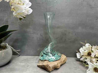 Molten Glass Stem Vase Gamal Root Wood Base Stand Rustic Flower Vase Decor 24cm - Image 1 of 4