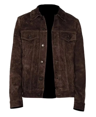 Men’s Dark Brown Suede Leather Jacket Slim Fit Trucker Biker Western Style Coat - Image 1 of 4