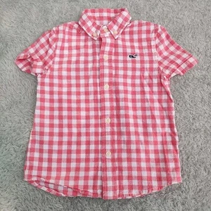 Vineyard Vines Boys 2T Gingham Whale Shirt Linen Blend Short Sleeve Pink White - Picture 1 of 12