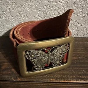 VTG Lucky Brand Womens 30” Red Leather Belt Butterfly Buckle Boho Western Y2K - Picture 1 of 19