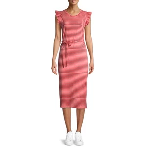 Time and Tru Women's Ruffle Sleeve Dress, Coral Fire/White Stripe, Large 12-14 - Picture 1 of 6