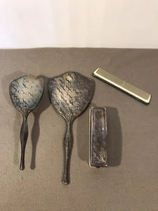 Set toelettatura pettine spazzola specchio più pettine placcato argento 4 pezzi vintage - Foto 1 di 12