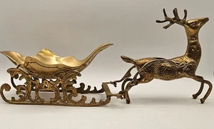 Vtg Large Solid Brass Reindeer and Sleigh Made in India Christmas Holiday Decor - Picture 1 of 24