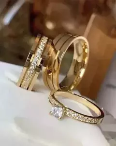 2 Ct Real Moissanite His Her Bridal Wedding Trio Ring Set 14K Yellow Gold Plated - Picture 1 of 3