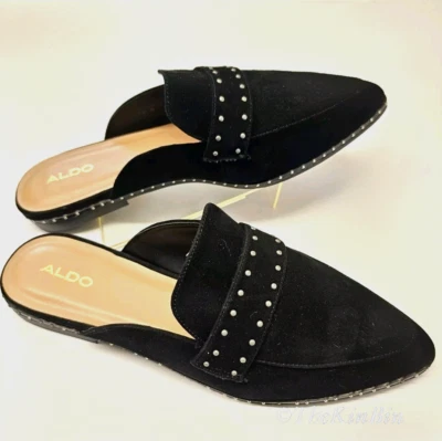 Aldo Stud Keeper Mules Womens Size 7.5 Slip on Slide Loafer Black Suede Flat NEW - Image 1 of 4