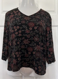 JM Collection Black V Neck Stretch Top Asian Look Red Floral Women's XL - Picture 1 of 9