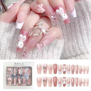 24Pcs 3D Bunny Press-On Nails Pink Fake Nails New Fairy False Nails for Women - Picture 1 of 6