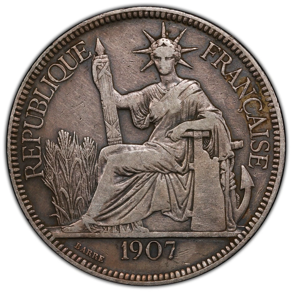 FRENCH INDO-CHINA Silver Piastre, 1907-A. PCGS VF Detail Cleaned Gold Shield - Image 1 of 4