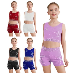Kids Girls Outfit Cropped Vest Set Sport Suit With Shorts Athletic Shiny Dance - Picture 1 of 69