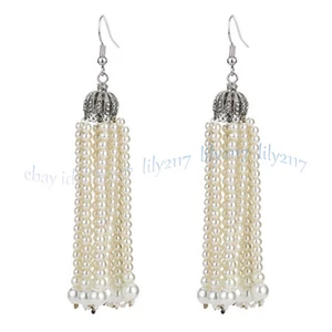 3mm White South Sea Shell Pearl Round Beads Tassel Dangle Silver Hook Earrings - Picture 1 of 8
