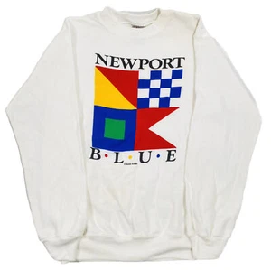 Vintage Medium 80s Newport Blue ColorBLOCK White Sweatshirt Retro - FAST SHIP! - Picture 1 of 10