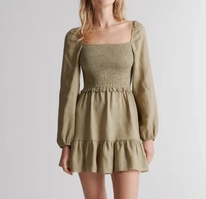 NWT Quince 100% European Linen Smocked Mini Washed Olive Dress Size Small - Picture 1 of 15