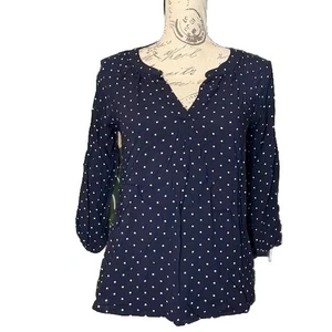GAP Women's XS Blue White Polka Dot 3/4 Sleeve V Neck Pleated Work Top - Picture 1 of 6
