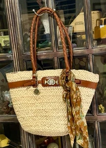 Patricia Nash Bag Tote “Vieste” Woven Straw & Leather Trim Scarf Pockets Lined - Picture 1 of 13