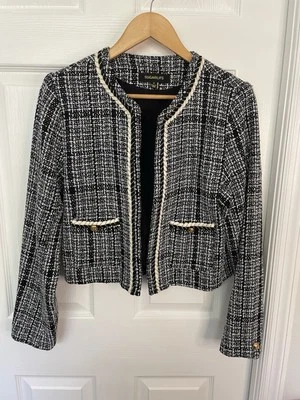 Blazer de tweed preto e branco Sugarlips com acabamento trançado - Imagem 1 de 4