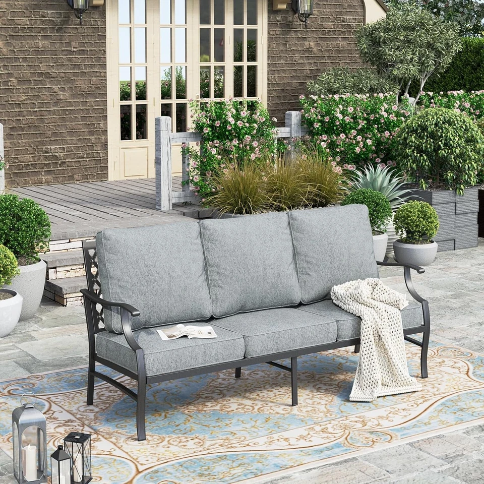 Patio Furniture 3 Seater Metal Outdoor Sofa Couch Deep Seat Conversation Set - Image 1 of 4