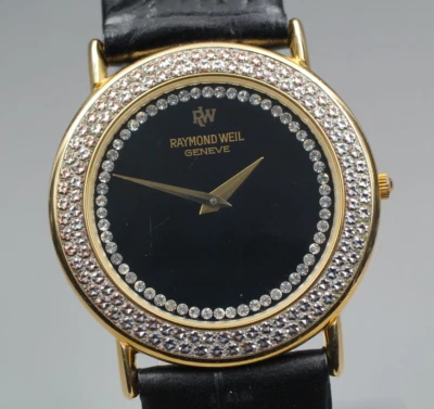 Reloj de cuarzo Raymond Weil 5835 para dama 29 mm esfera negra 18 quilates GP suizo vintage raro Foto 1 de 4