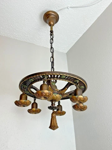 1930s Spanish Revival cast Iron and Brass 6 light fixture Cover